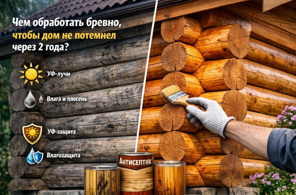 Чем обработать бревно, чтобы дом не потемнел через 2 года